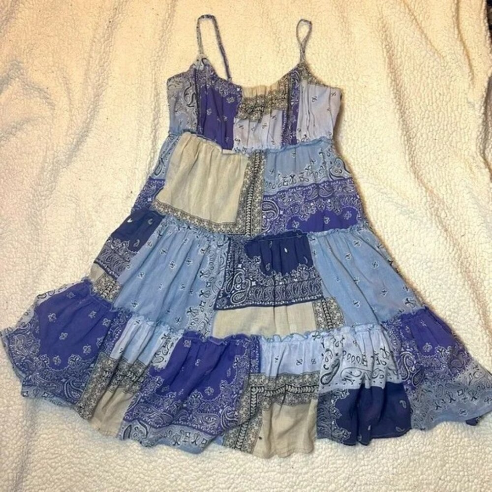 Bohemian Patchwork Dress in Blue and Cream
